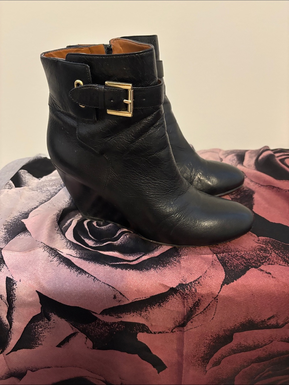 Nine West Black Leather Ankle Wedge Boots with Gold Buckle